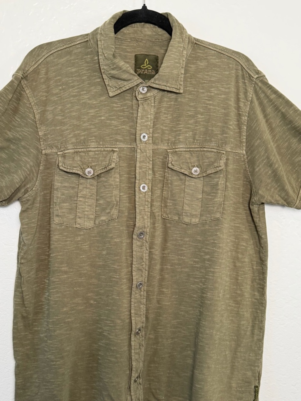 PrAna Olive Green Organic Cotton Short Sleeve Knit Button Down Men's Size M - Picture 7 of 13